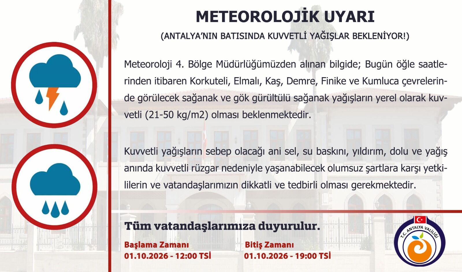 Antalya'nın Batı Ilçelerine Kuvvetli Yağış Uyarısı
