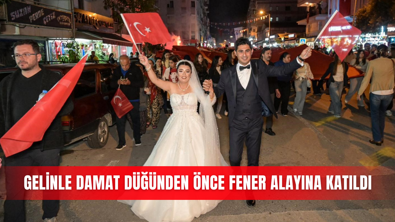 Gelinle damat düğünden önce fener alayına katıldı