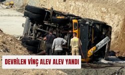 Devrilen vinç alev alev yandı