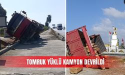 Tomruk yüklü kamyon devrildi