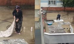 Yağmurlu havada çatıda halı yıkadı, görenler şaştı kaldı
