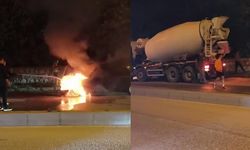 Alevlere teslim olan otomobile mikser sürücüsünden müdahale