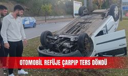 Otomobil refüje çarpıp ters döndü