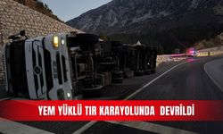 Yem yüklü tır karayolunda  devrildi