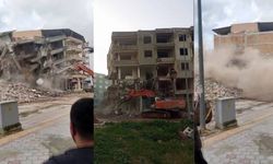 Hasarlı 5 katlı bina iş makinesinin darbesiyle yerle bir oldu