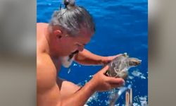 Çuvala dolanan caretta carettayı tur teknesi kaptanı kurtardı