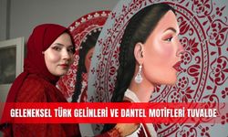 Geleneksel Türk gelinleri ve dantel motifleri tuvalde