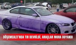 Döşemealtı’nda TIR devrildi, araçlar mora boyandı