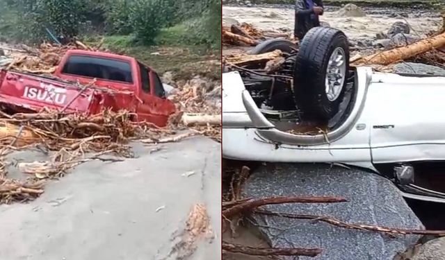 2 araç sel sularına kapıldı