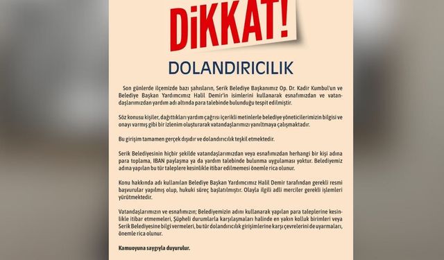 Serik Belediyesi’nden dolandırıcılık uyarısı