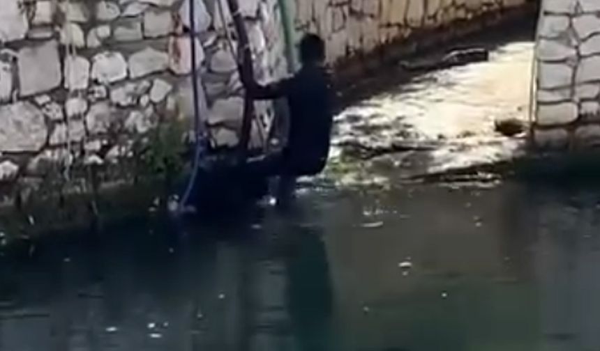 Polisi görünce dereye atladı