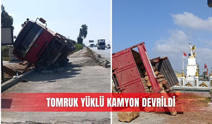 Tomruk yüklü kamyon devrildi