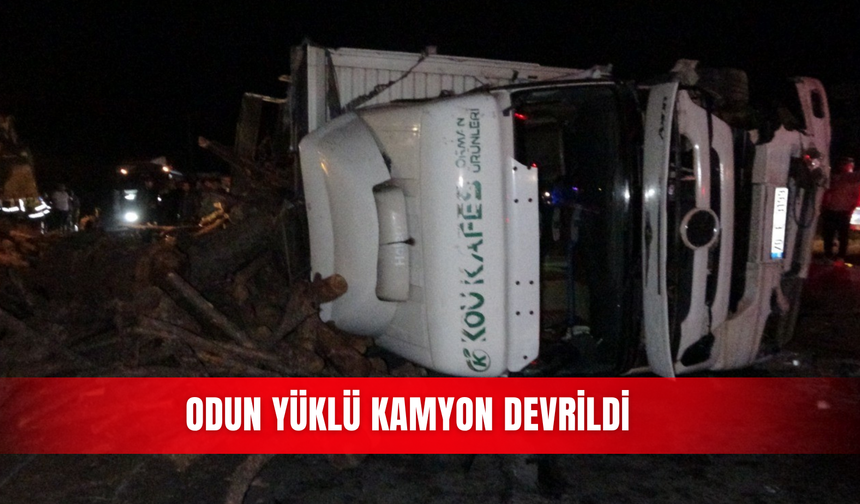 Odun yüklü kamyon devrildi