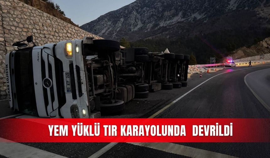 Yem yüklü tır karayolunda  devrildi